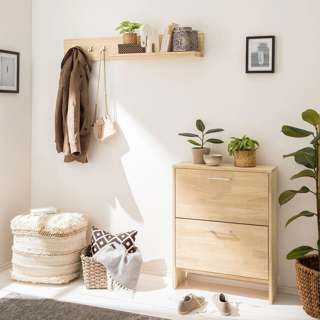 NordicStory Massieve eiken meubelen, houten schoenenrek, houten schoenenrek