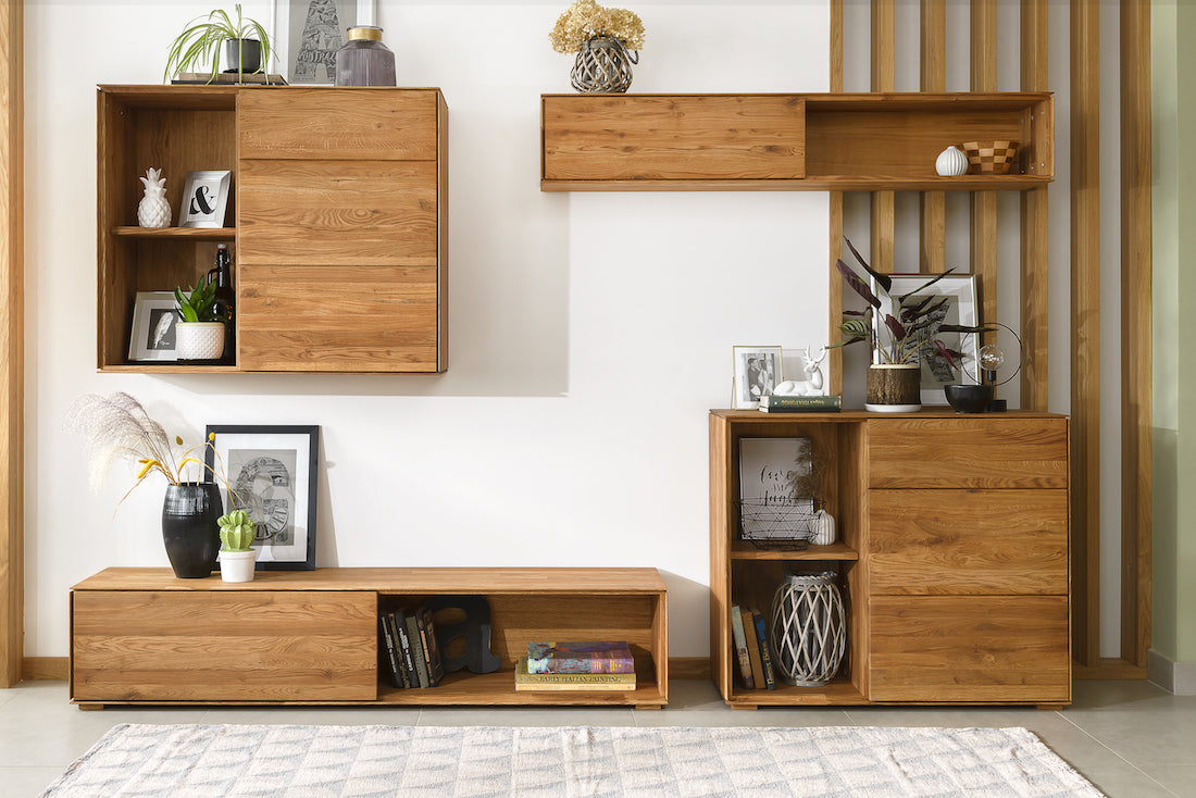 NordicStory, massief houten meubels, eiken, zwevende kast, meubels, woonkamer, slaapkamer, uitschuiftafel, eettafel, tv-kast, dressoir, consoletafel