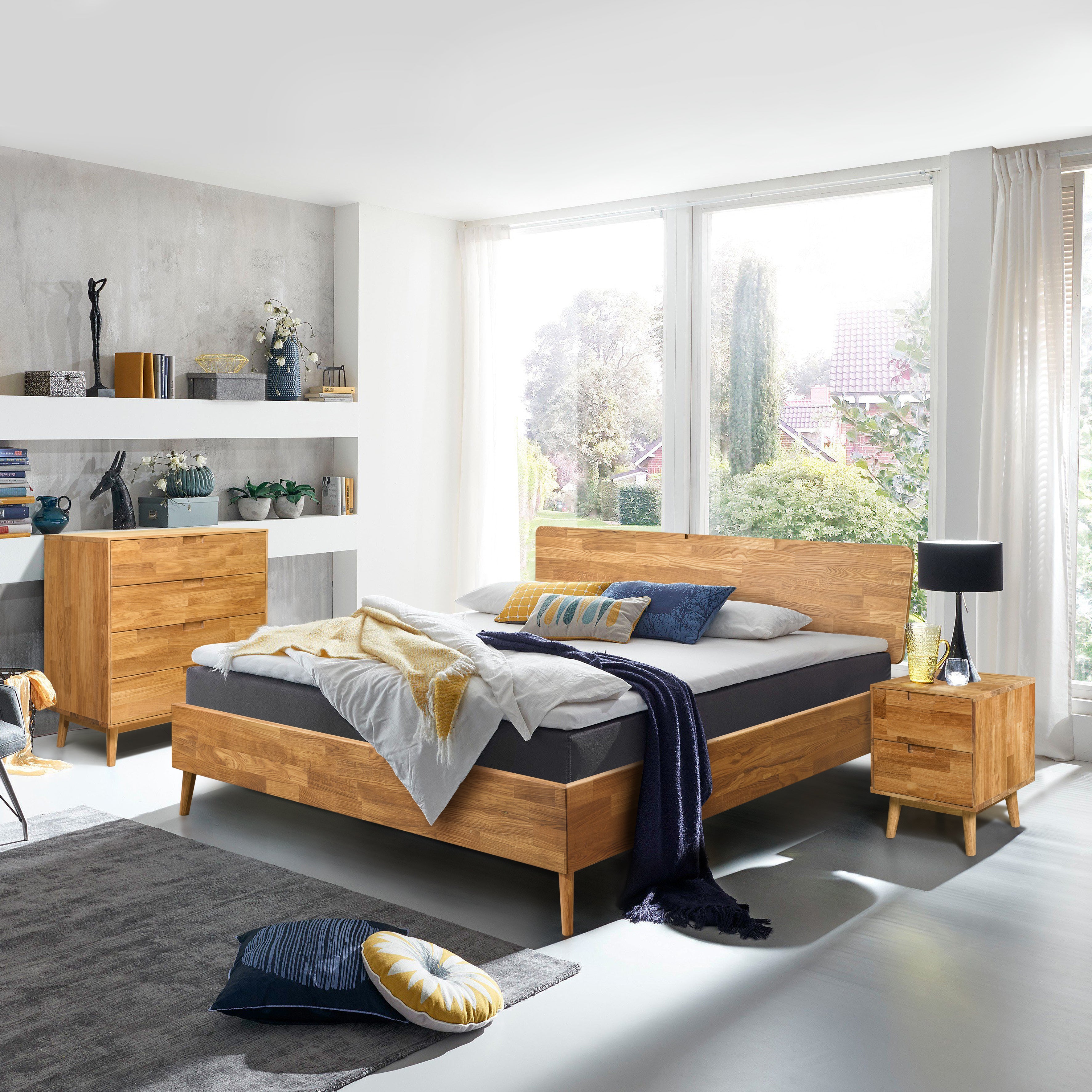 NordicStory, massief eiken, slaapkamer, bed, hoofdbord, nachtkastje, nachtkastje, bijzettafel, ladekast, dressoir, dressoir