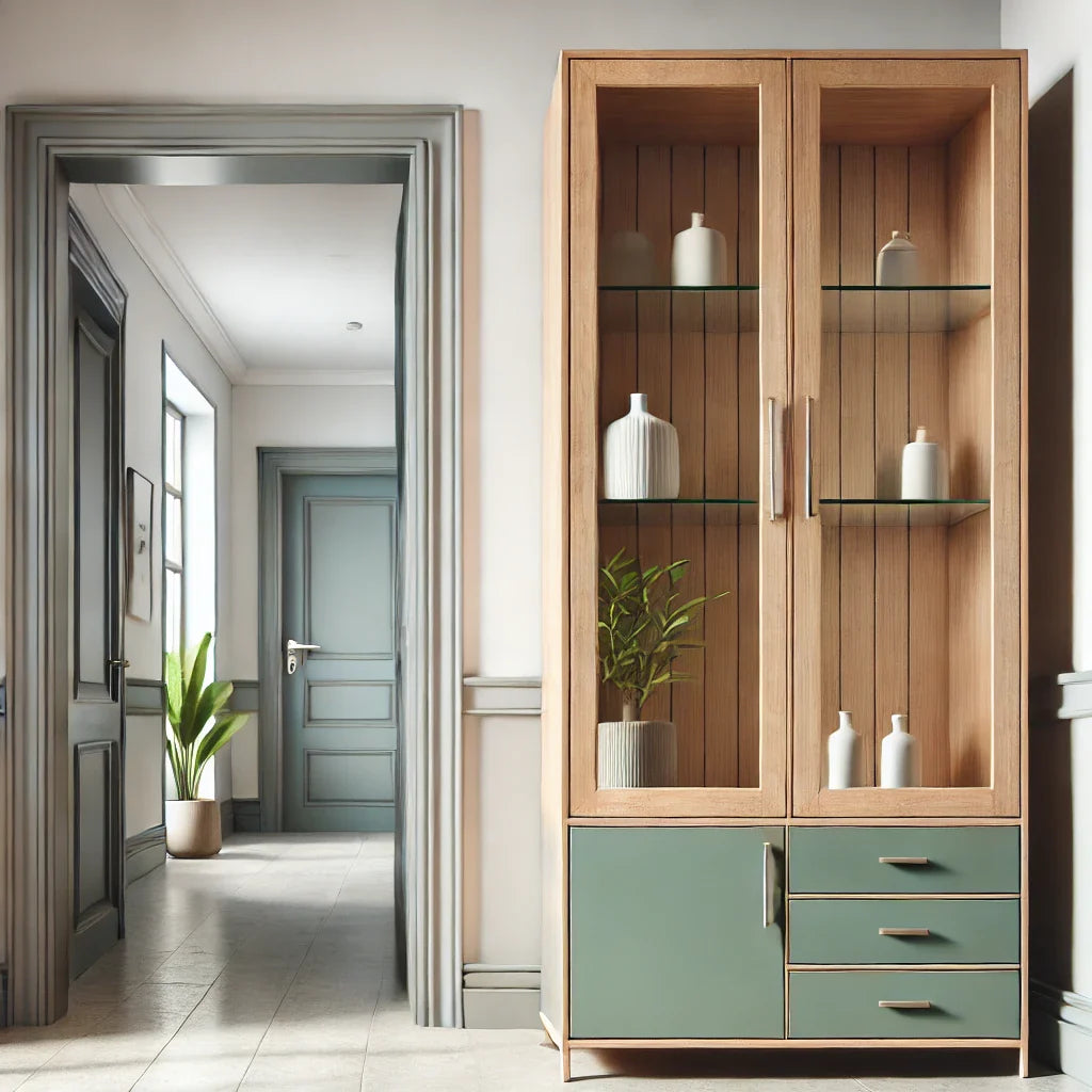 Welke kleur moet ik een houten vitrinekast in de hal schilderen?