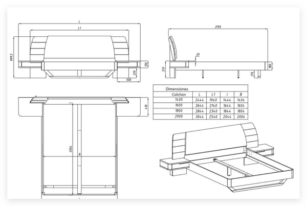 Massief eikenhouten bed met aanbouwtafeltjes ALINA | VESKOR