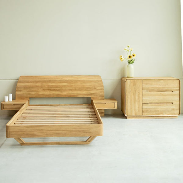 Alina massief eiken bed met hoofdbord en, 2 zwevende nachtkastjes