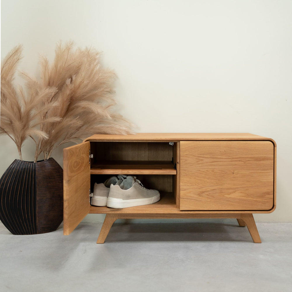 Duurzaam eiken massief houten bankje Geneva laag schoenenrek NordicStory RobleStore