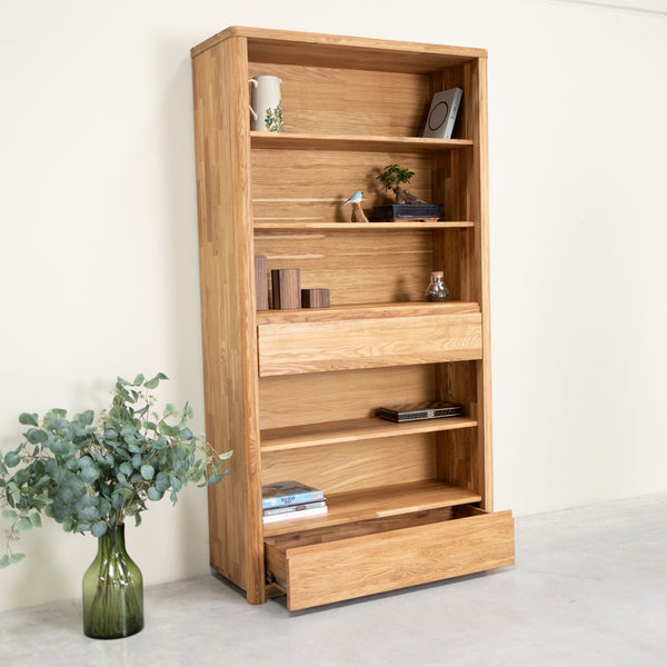 Libreria Estanteria de pared con 2 cajones de madera maciza de roble Elsa 2 | NordicStory