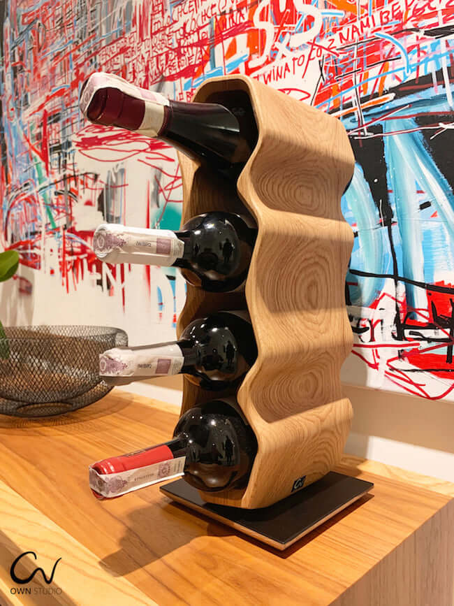 Handgemaakt eikenhouten wijnrek AWRY 2.0, wijnstandaard voor 4 flessenRoble.Store