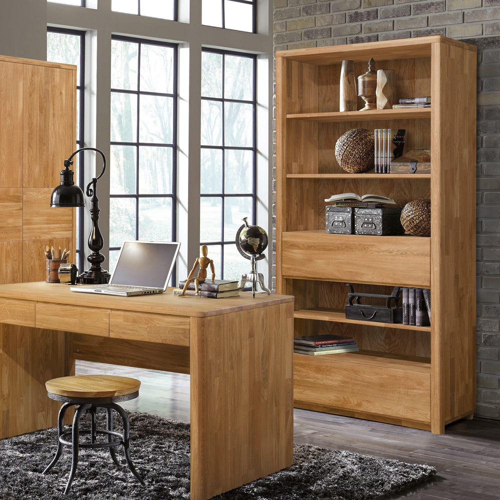NordicStory Elsa 2 boekenkast Elsa wandkast met 2 laden Massief hout Natuurlijk eiken Scandinavisch Scandinavisch Woonkamer Kantoor